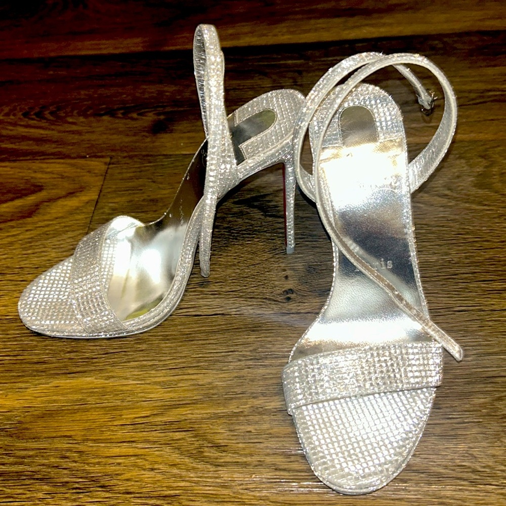 Christian Louboutin, silver ankle wrap, sandal heel